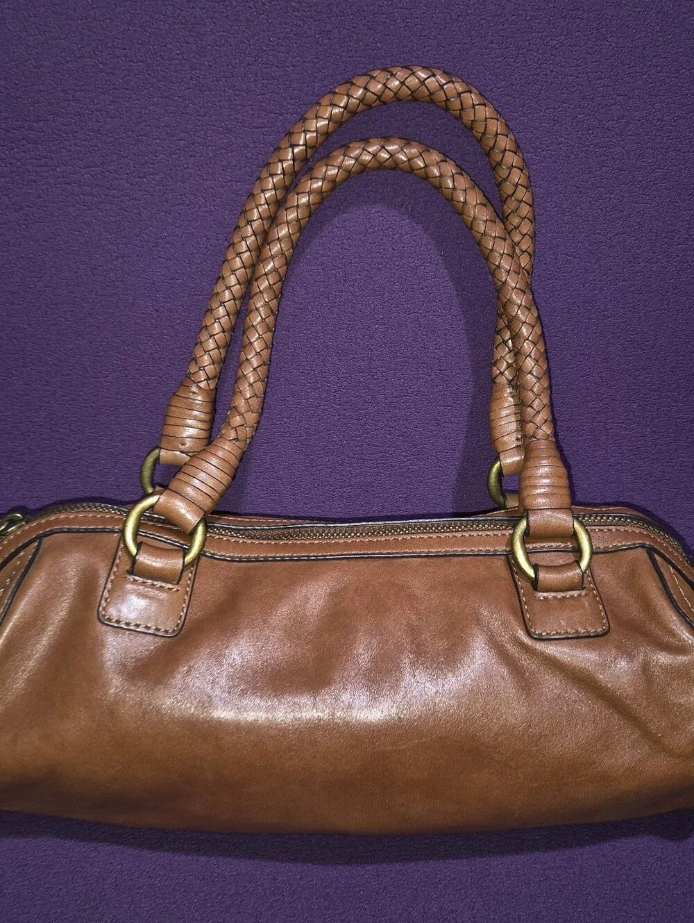🔥Mint! Cole Haan Cognac Premium Leather Barrel Bag Braided Straps Brass Rings